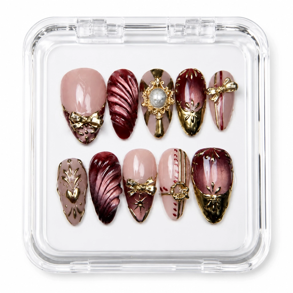 Press-on Nails Wholesale $9.90 Burgundy Gold Luxe by Yabe Vietnam
