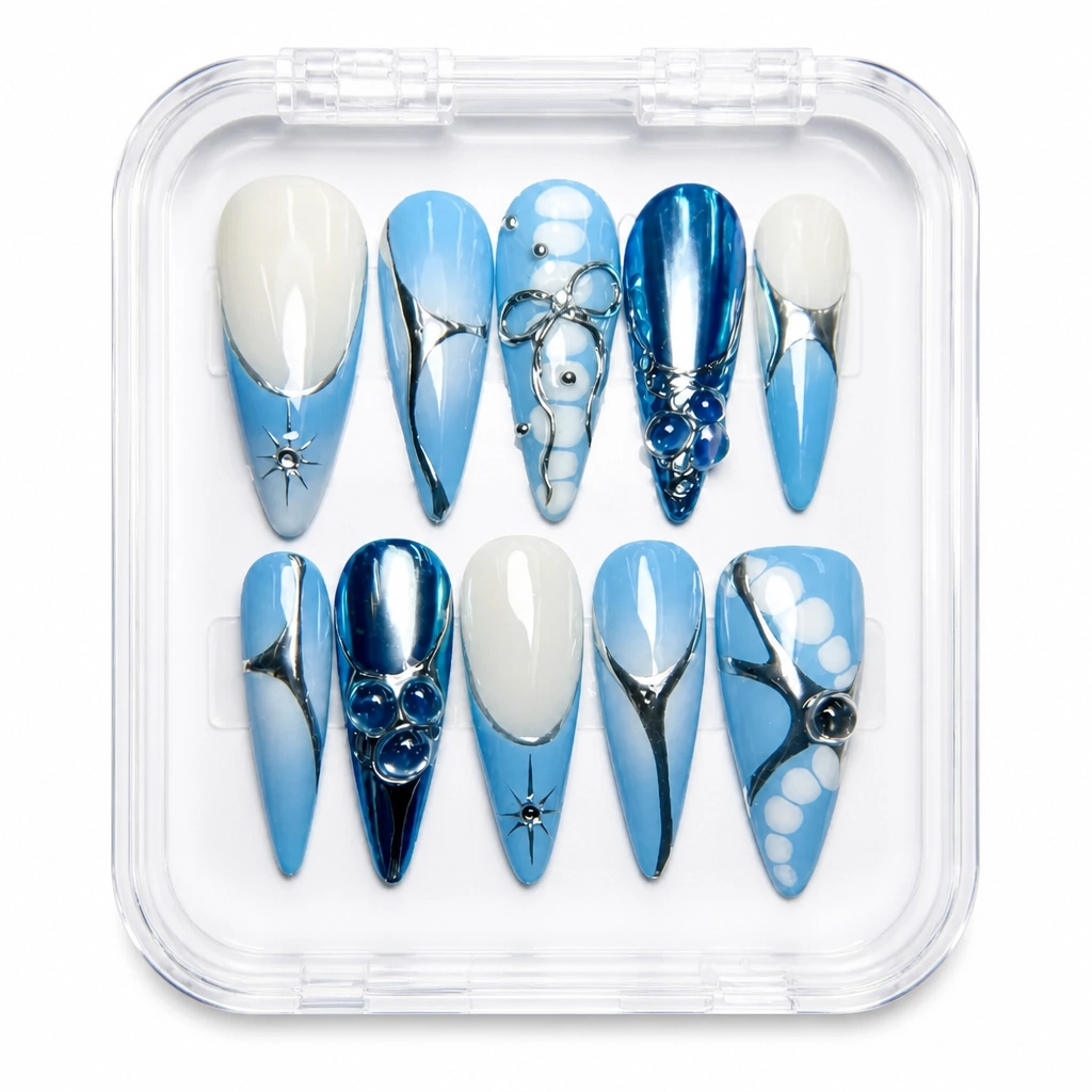 Press-on Nails Wholesale $9.90 Satin Azure Elegance by Yabe Vietnam