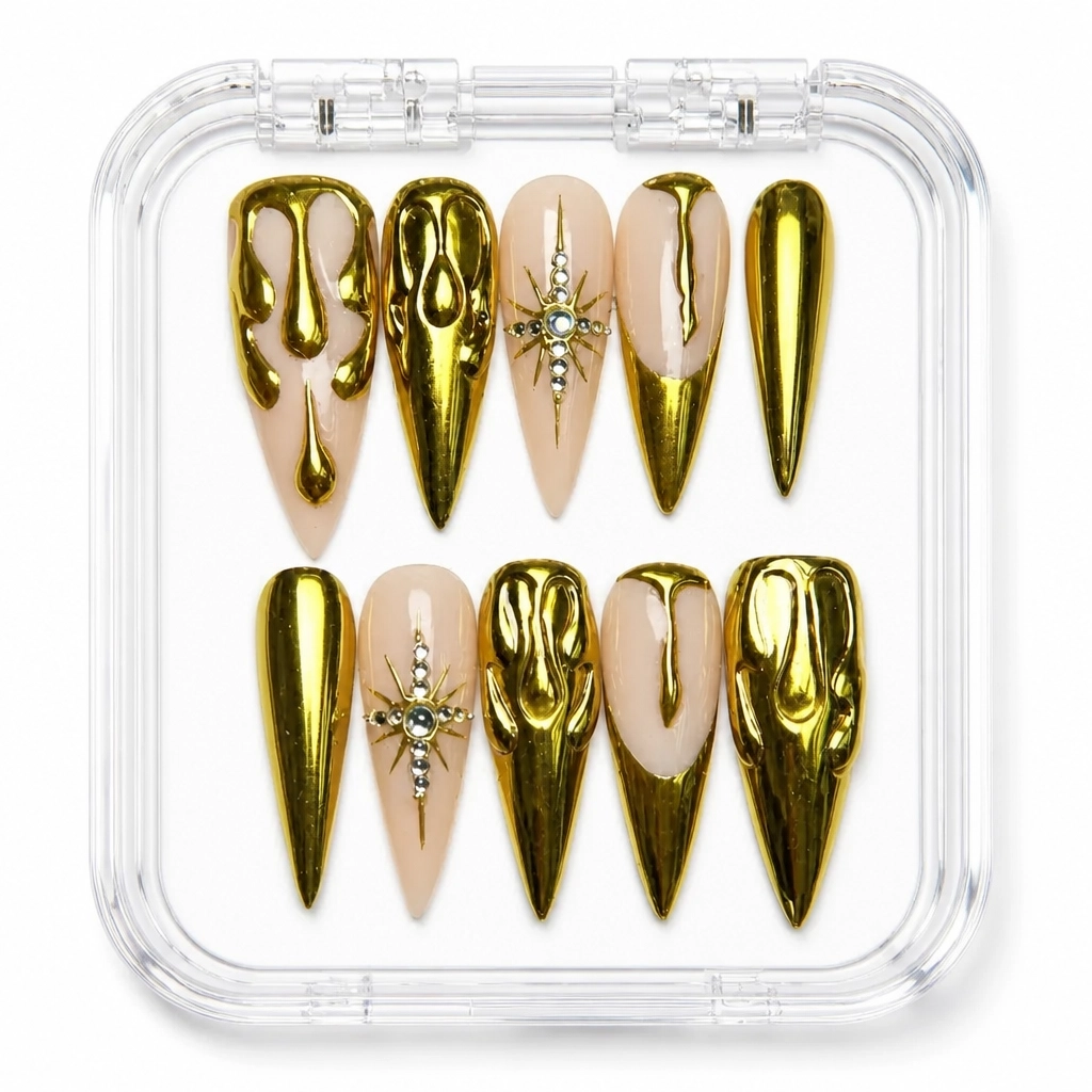 Press-on Nails Wholesale $9.90 Golden Noir Elegance by Yabe Vietnam