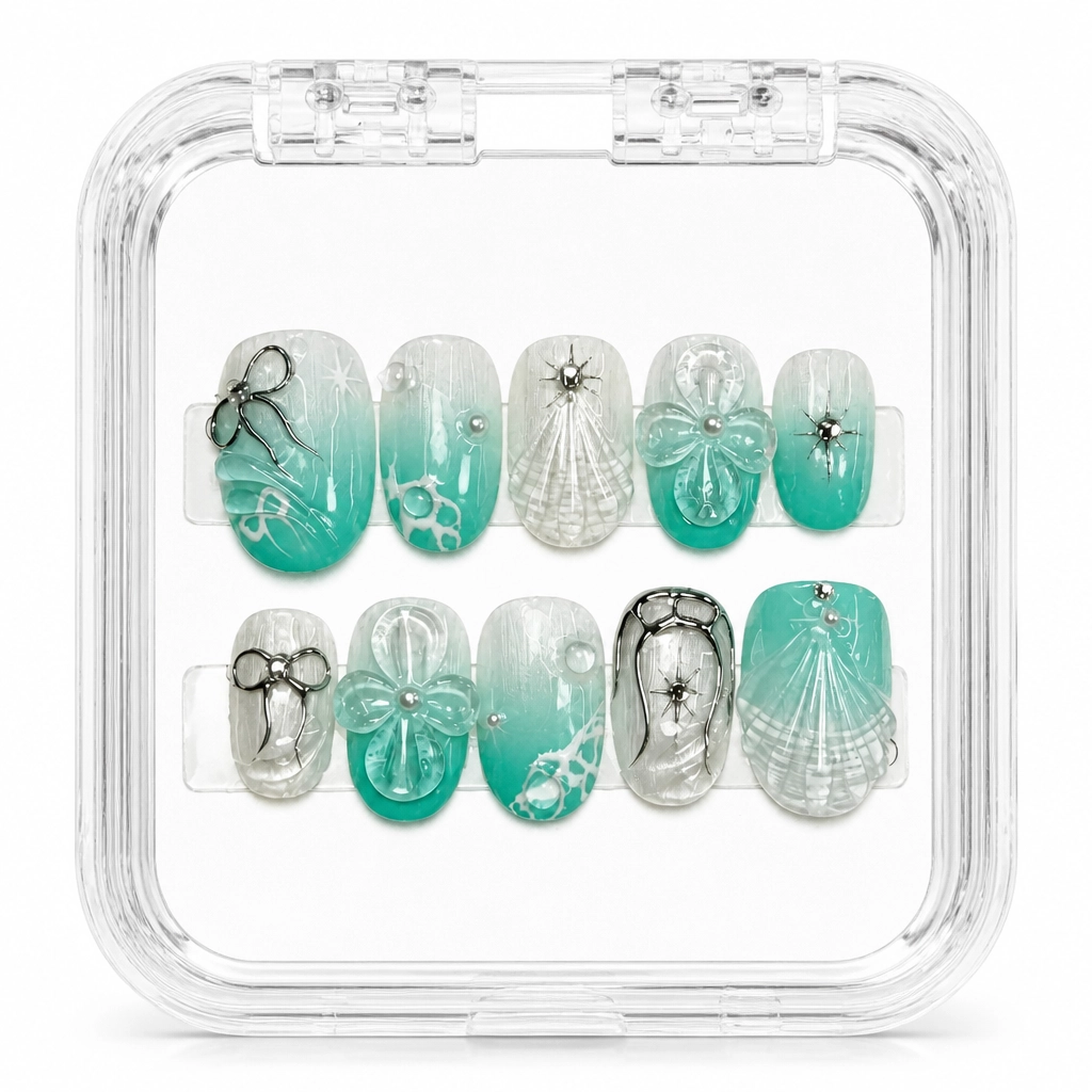 Press-on Nails Wholesale $9.90 Emerald Seashell by Yabe Vietnam