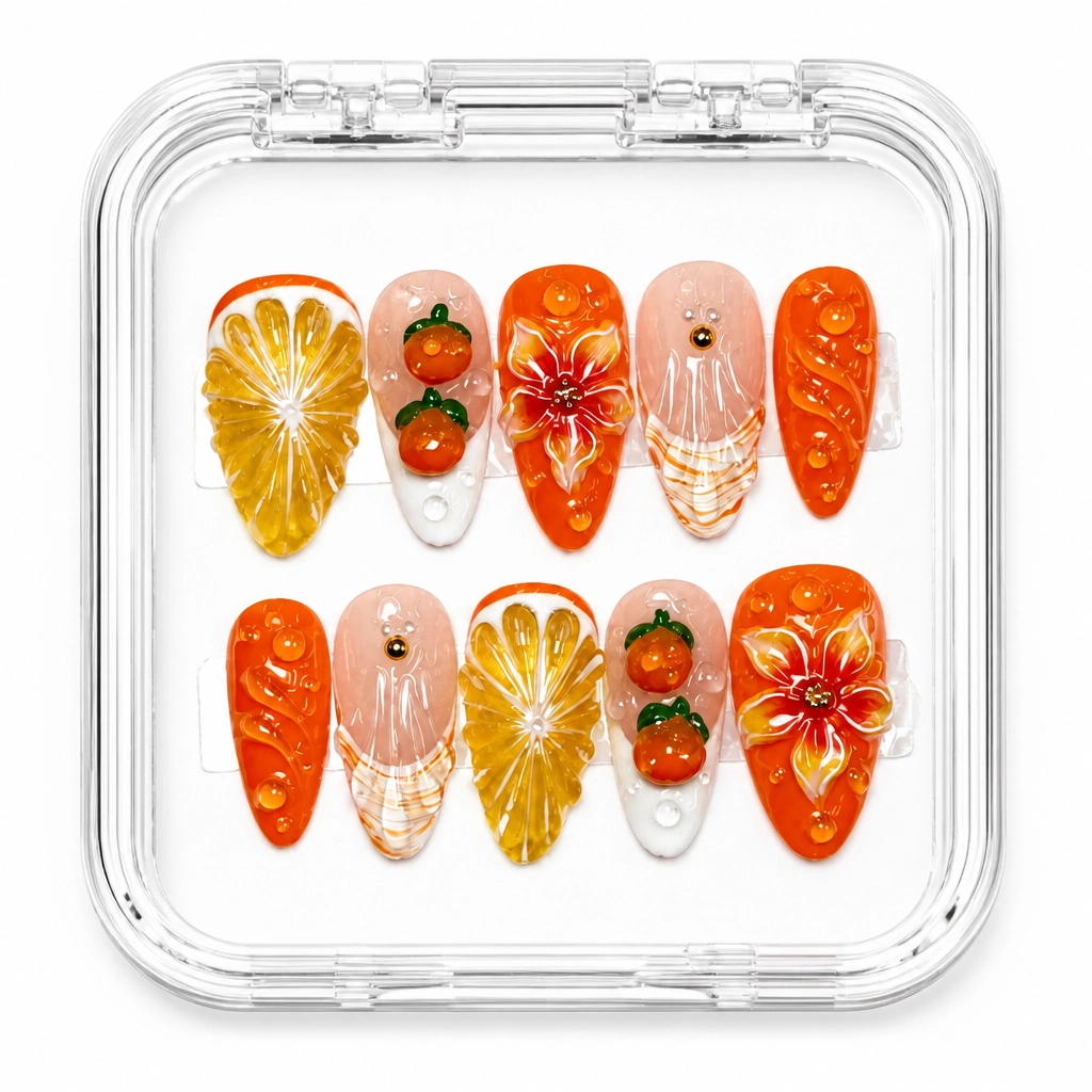 Press-on Nails Wholesale $9.90 Velvet Citrus Bloom by Yabe Vietnam
