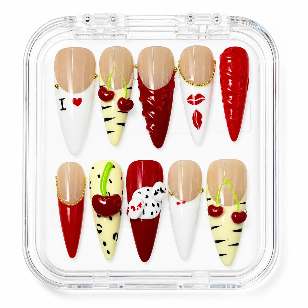 Press-on Nails Wholesale $9.90 Cherry Kiss Stiletto by Yabe Vietnam