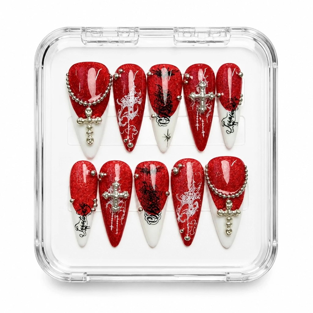 Press-on Nails Wholesale $9.90 Gothic Crimson Cross by Yabe Vietnam