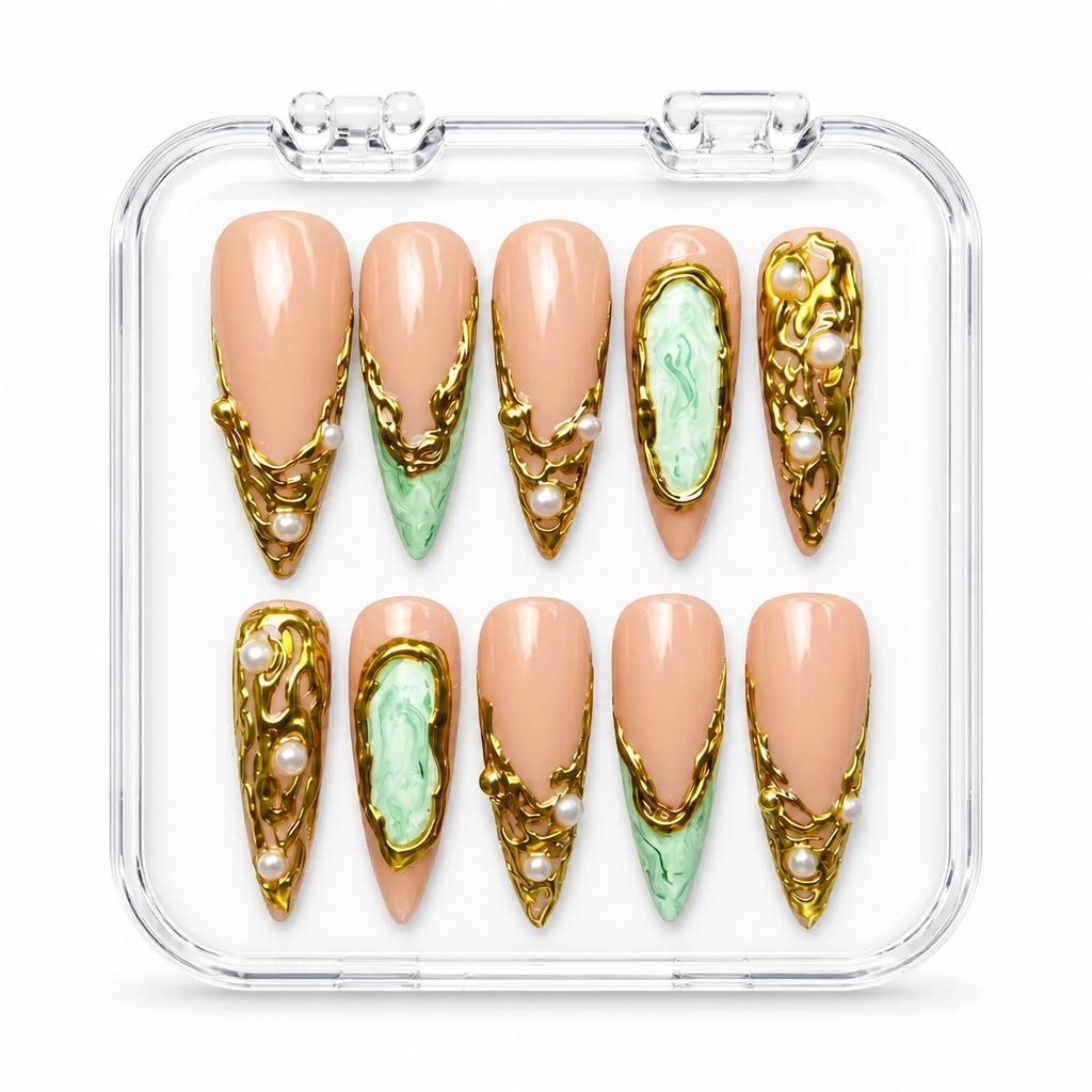 Press-on Nails Wholesale $9.90 Jade Gold Elegance by Yabe Vietnam