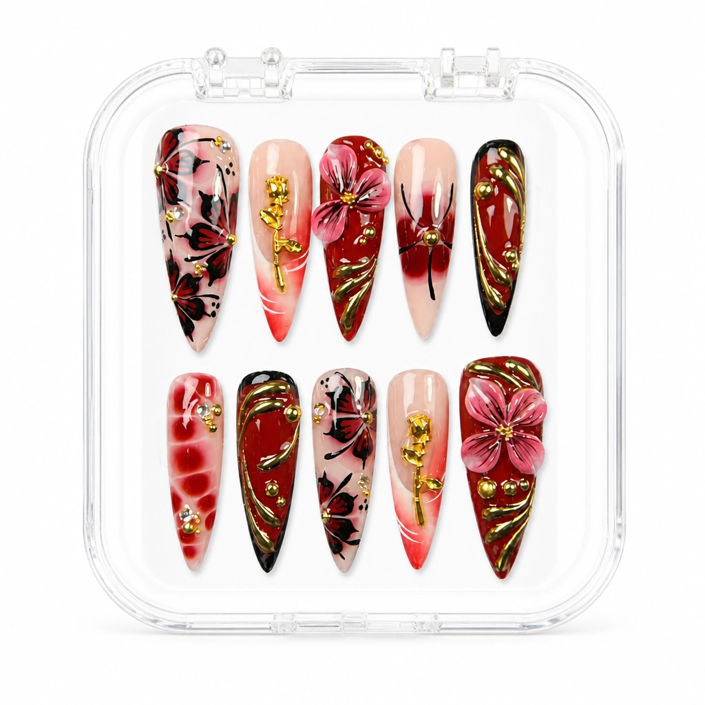 Press-on Nails Wholesale $9.90 Ruby Noir Bloom by Yabe Vietnam