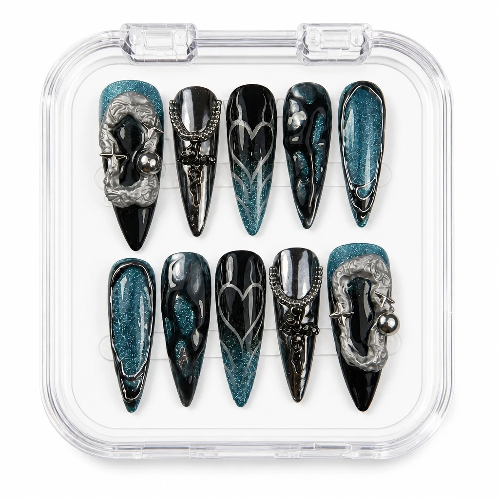 Press-on Nails Wholesale $9.90 Midnight Tribal Hearts by Yabe Vietnam