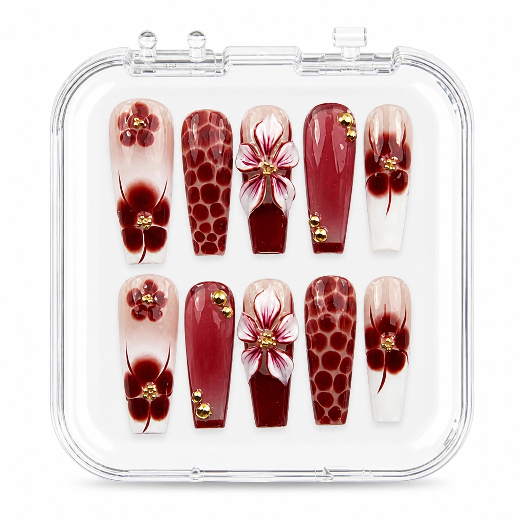 Press-on Nails Wholesale $9.90 Burgundy Blossom by Yabe Vietnam