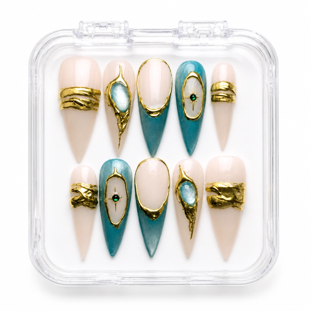 Press-on Nails Wholesale $9.90 Gilded Teal Elegance by Yabe Vietnam