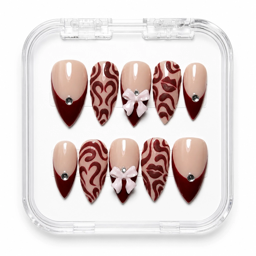 Press-on Nails Wholesale $9.90 Burgundy Heart Elegance by Yabe Vietnam