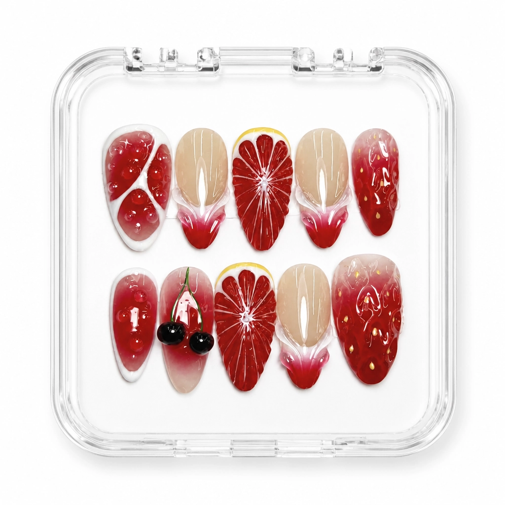 Press-on Nails Wholesale $9.90 Crimson Citrus Chic by Yabe Vietnam