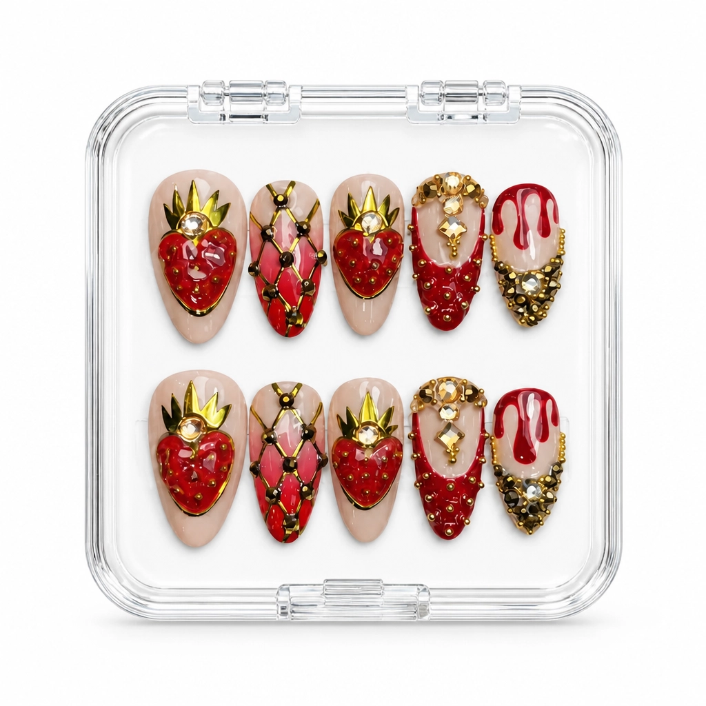 Press-on Nails Wholesale $9.90 Golden Strawberry Bliss by Yabe Vietnam
