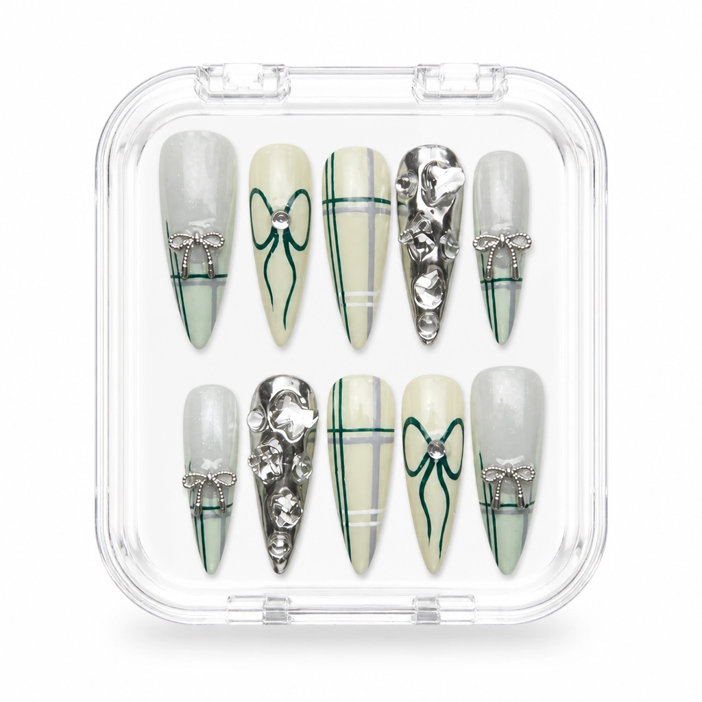 Press-on Nails Wholesale $14.90 Mint Plaid Charm by Yabe Vietnam