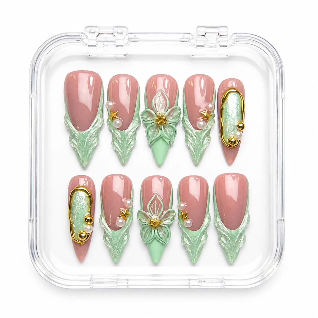 Press-on Nails Wholesale $14.90 Mint Blossom Elegance by Yabe Vietnam