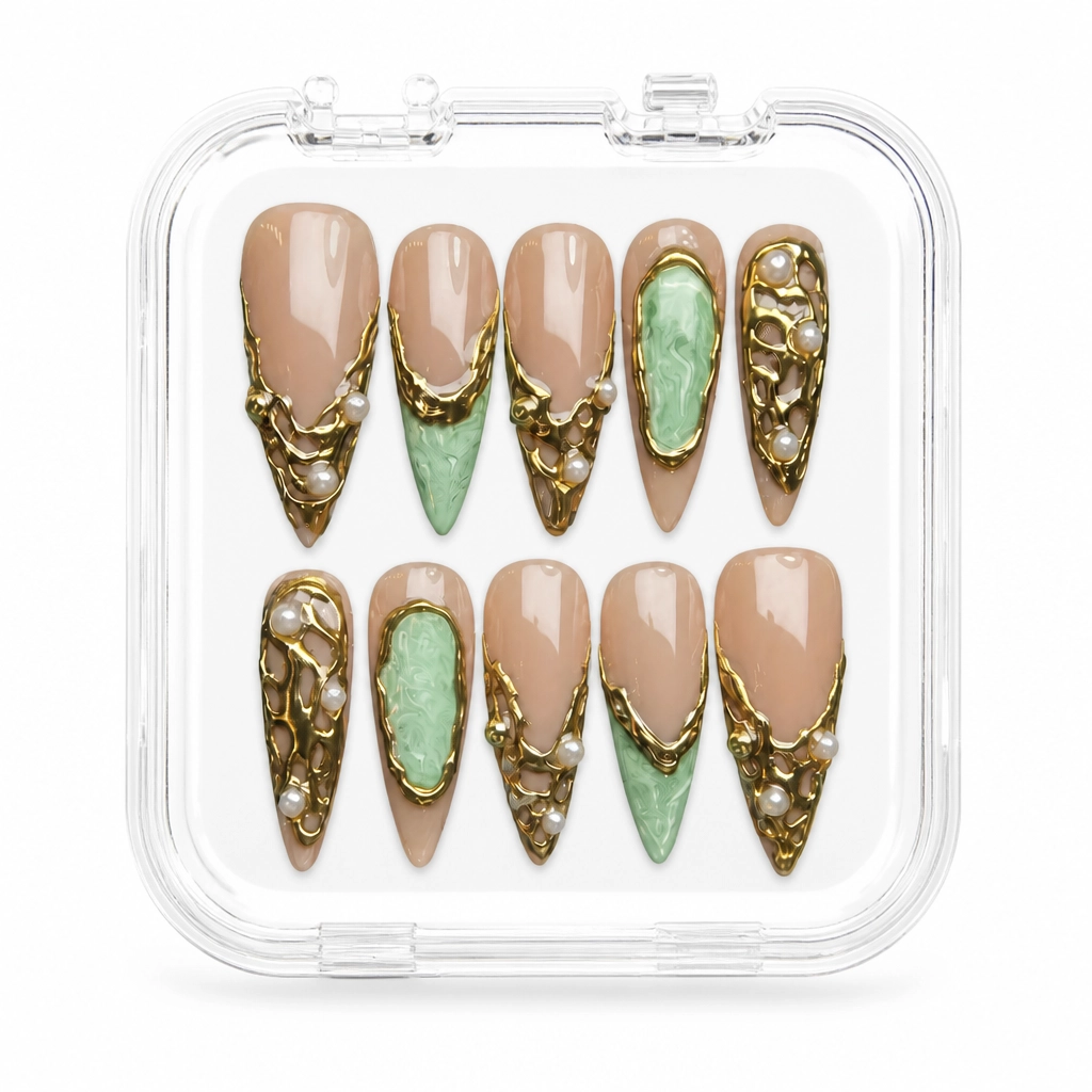 Press-on Nails Wholesale $14.90 Jade Gold Illusions by Yabe Vietnam
