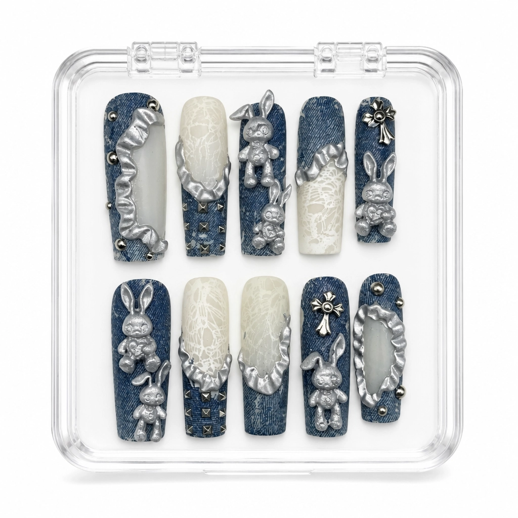 Press-on Nails Wholesale $14.90 Denim Chrome Bunny by Yabe Vietnam