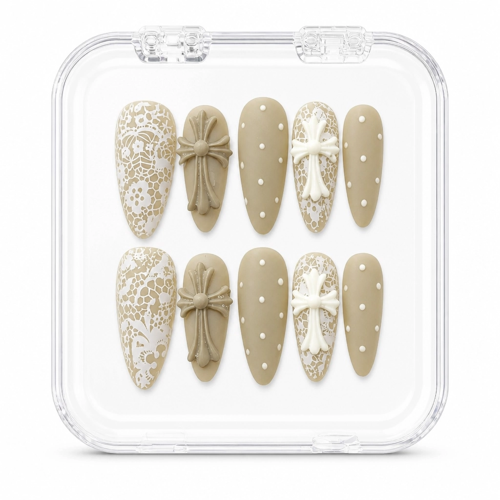 Press-on Nails Wholesale $14.90 Olive Lace Elegance by Yabe Vietnam